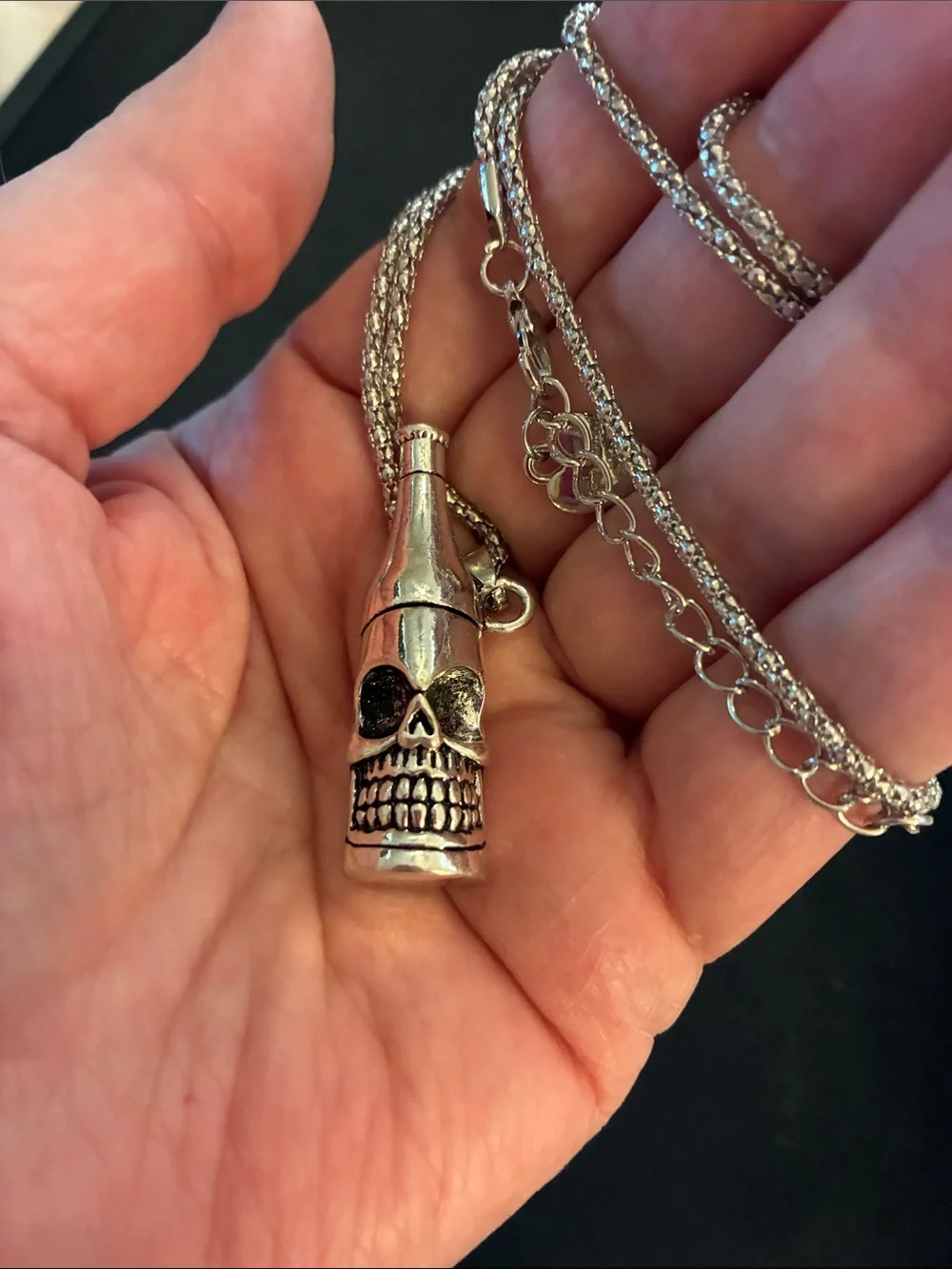 Silver Tone Skull Bottle Pendant Necklace - And Bottle Opener